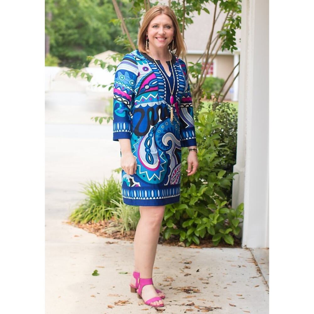 SUNNY LEIGH Southern Chic Blue Tones Geometric Pattern Dress Women's Size Large